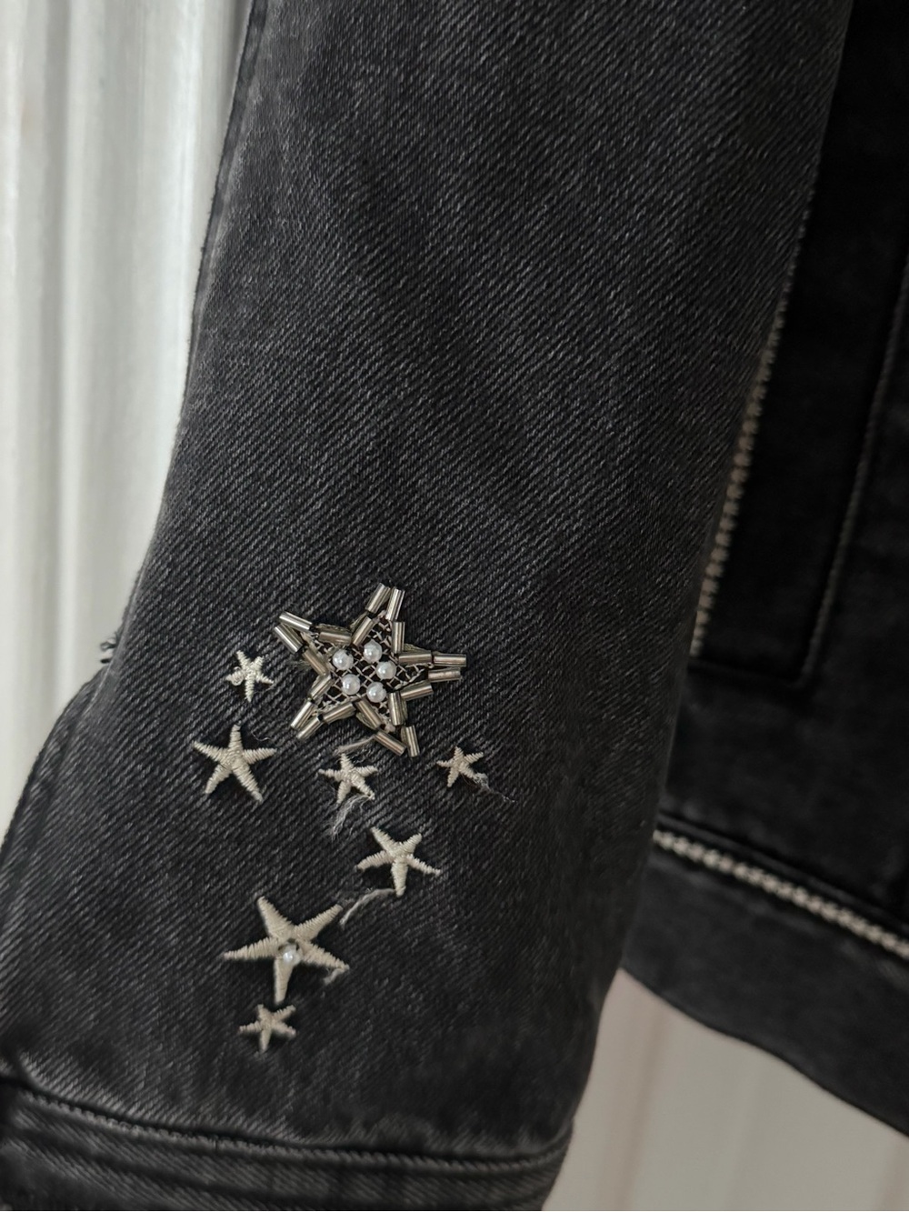 Spell Black Embroidered Beaded Denim Jacket size Small Boyfriend cut - Picture 4 of 13